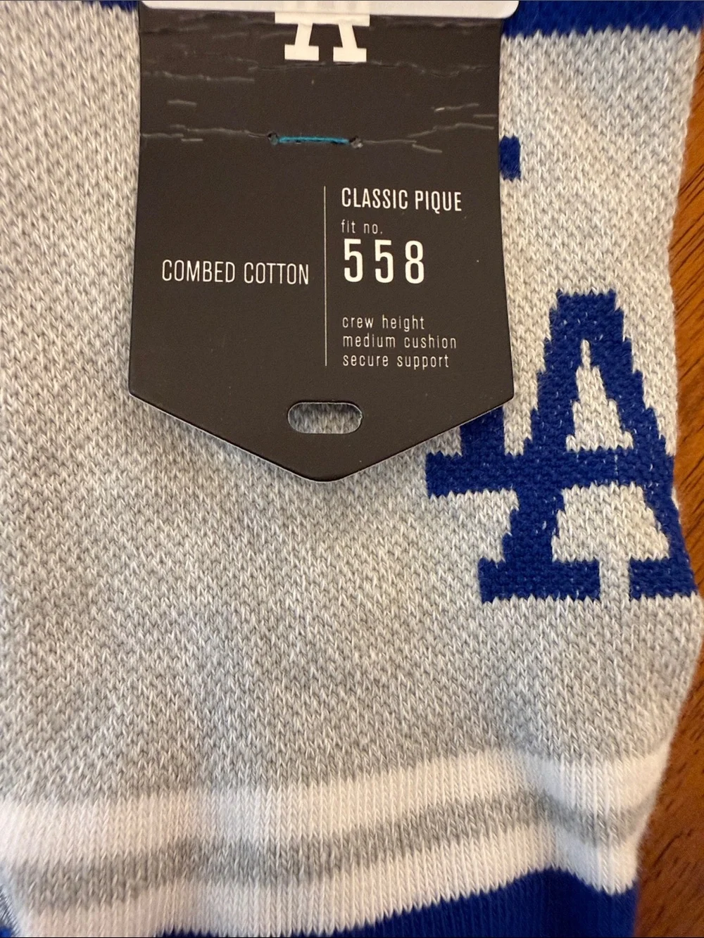 LA Logo Blue and Gray Athletic Crew Socks large